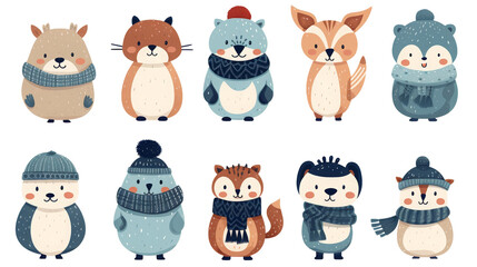 Fototapeta premium Adorable Winter Animals with Scarves and Hats