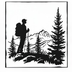 Silhouette of hiker admiring mountain vista.