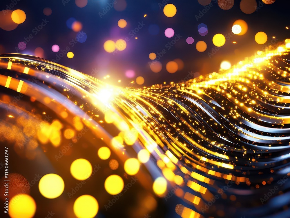 Poster shimmering geometric particles creating dynamic waves, kinetic motion design, energy and transformat