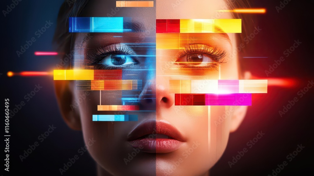 Poster an exploration of identity and transformation through a digital mosaic of ai-generated faces, glitch