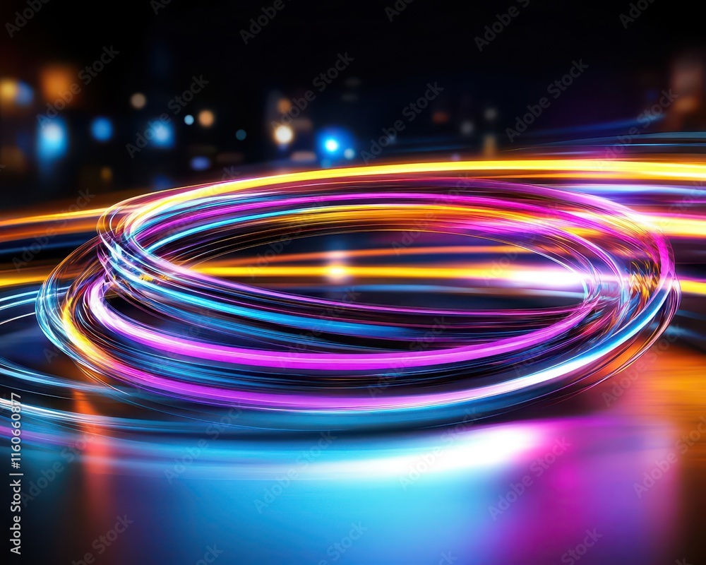 Aufkleber spirals converge as animated light trails create kinetic designs, showcasing movement illusions with