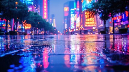 Obraz premium Rain-slicked city street at night, vibrant neon reflections on wet pavement.