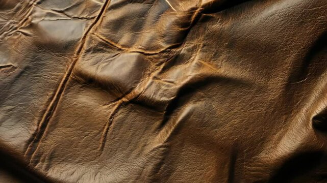 Close-up view of textured brown leather showcasing natural creases and folds in soft material