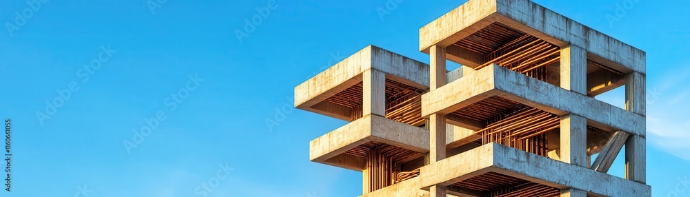 Poster angular concrete structure with exposed rebar, brutalist architecture, bold raw design concept