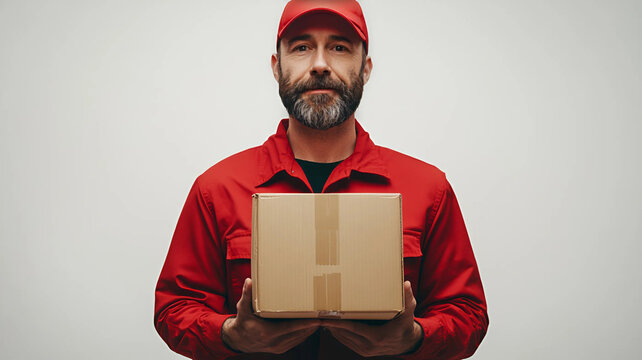 Repartidor con camisa roja y gorra roja, sosteniendo una caja de cart&oacute;n en sus manos 