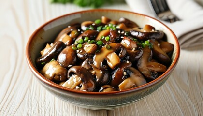 Fototapeta premium Deliciously Stir-Fried Mushrooms with Topaz Sauce and Garnish in Upscale Presentation