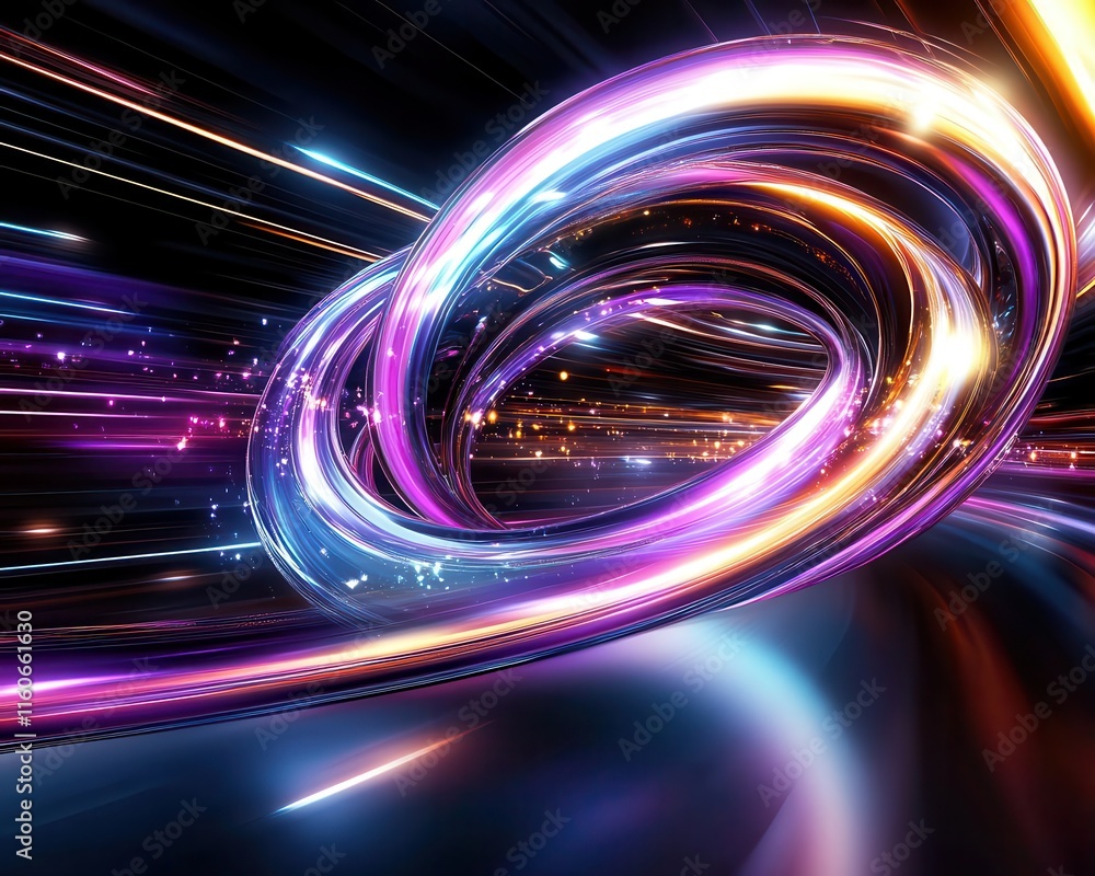 Poster animated light trails converging into spirals, kinetic design with movement illusion, futuristic and