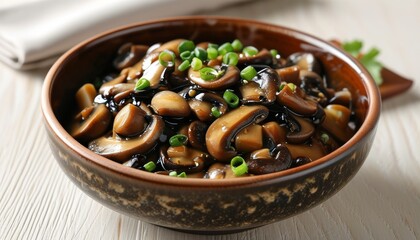 Fototapeta premium Delicious Fried Mushrooms Stir-Fried with Green Onions in Upscale Dining Environment