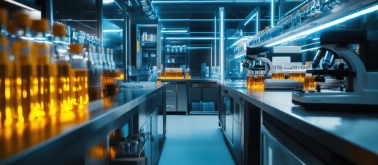 Fototapeta premium Modern laboratory interior with glowing chemicals and microscopes.