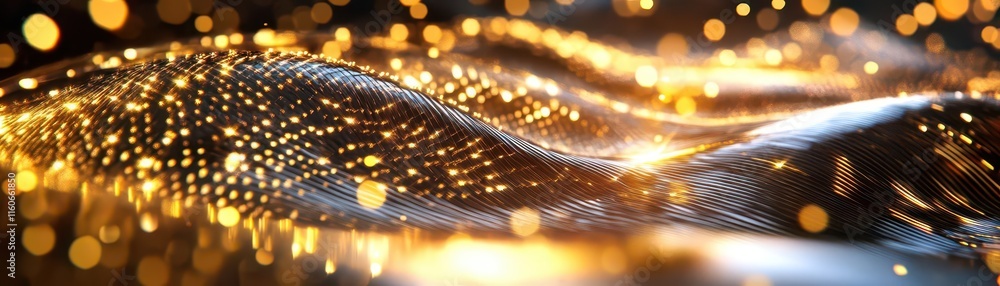 Poster shimmering particles in dynamic orbits, kinetic energy in design, futuristic motion illusion concept