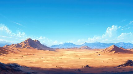 Naklejka premium Expansive desert landscape showcasing golden sand dunes and distant mountains under a clear sky