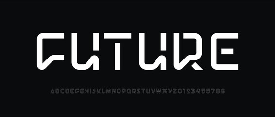 Technology science font, digital cyber alphabet made robotic style, uppercase letters A, B, C, D, E, F, G, H, I, J, K, L, M, N, O, P, Q, R, S, T, U, V, W, X, Y, Z numerals 0, 1, 2, 3, 4, 5, 6, 7, 8, 9