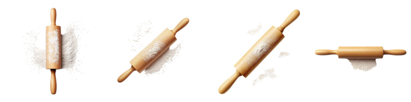 A wooden rolling pin with flour, shown in multiple positions, illustrating its use in baking and cooking.