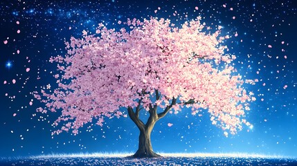 A magnificent and beautiful cherry blossom tree standing alone, with a beautiful view of the stars in the night sky