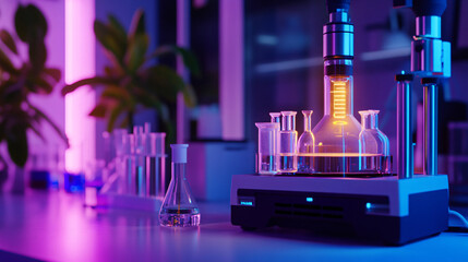 Obraz premium A modern research lab showcasing a high-tech Bunsen burner with digital monitoring features and safety alarms.