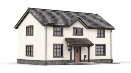 Two-story house with brown roof and stone base.