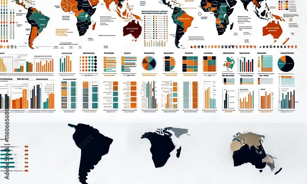 Poster global data visualization: a comprehensive world map with statistical charts and graphs