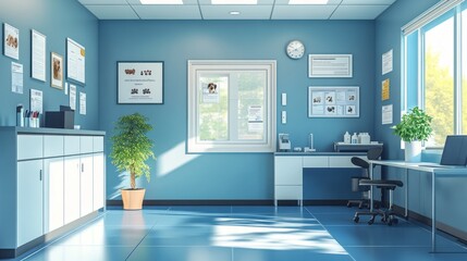Bright, modern veterinary clinic waiting room with desk, cabinets, and natural light.