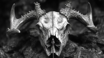 Fototapeta premium A close-up of a deer skull with a natural, black and white aesthetic
