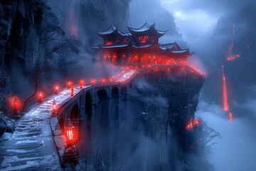 Mysterious ancient temple illuminated by lanterns in a foggy mountainous landscape at twilight