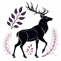 Watercolor Christmas Deer Black silhouette