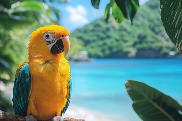 A colorful parrot perched high in a tree, looking out at the surroundings