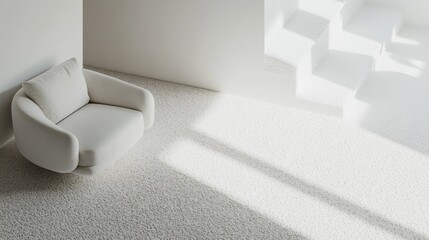 Minimalist white armchair in sunlit room corner.