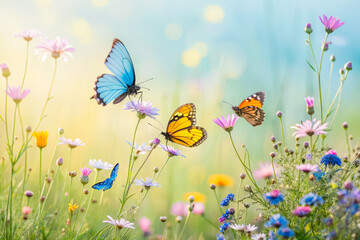 two butterflies flying over flowers