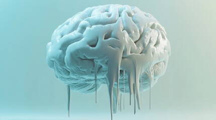 3D illustration of a melting brain, depicted in a surreal and artistic way.