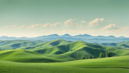 Fototapeta premium Serene Panoramic View of Green Hills: A Tranquil Escape into Nature