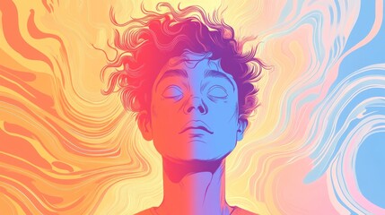 Surreal portrait of a young man with eyes closed, surrounded by vibrant swirling colors.