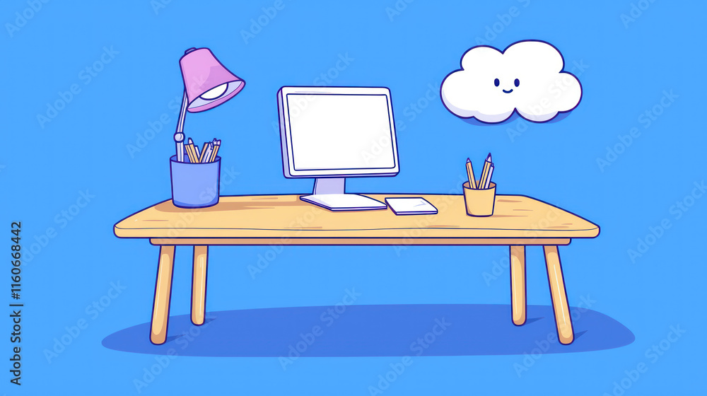 Poster clean and minimal flat design workspace setup with bright blue background, featuring desk, lamp, and