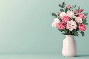 Obraz premium Charming bouquet of roses in a vintage vase, beautifully arranged with pastel hues for a timeless floral display.