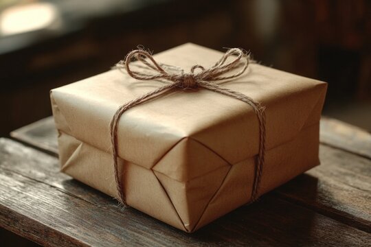 A brown package wrapped in brown paper and tied up with string