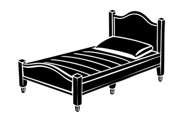 Bed silhouette vector illustration. A black and white drawing of a bed with a wooden frame

