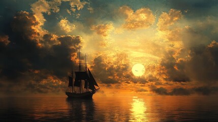 Fototapeta premium Silhouette of Sailboat at Sunset Amid Dramatic Clouds