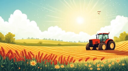 Sunny day on a farm with a red tractor in a golden field.