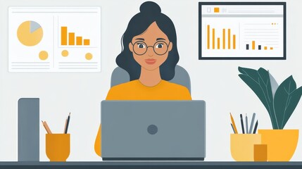 Businesswoman working remotely at a laptop in a modern office environment during daytime