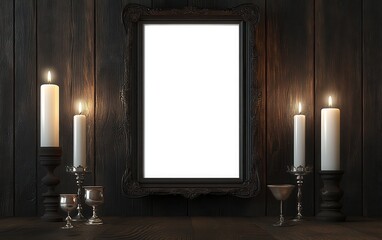 White poster framed in rustic wood, displayed with a background of the Last Supper, candles, and a communion cup, symbolizing the Christian tradition of sacrifice and remembrance