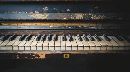 A neglected piano against peeling walls, dim light reflecting off its dusty keys in a dark room.