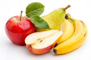 a bunch of apples and a banana on a white background