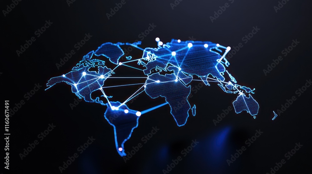 Poster 3d digital world map with network connections and glowing nodes.