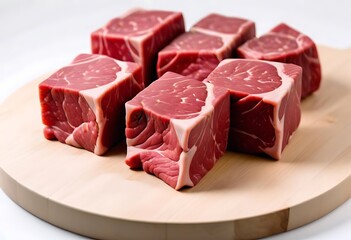 Fototapeta premium Fresh raw beef slices for goulash on wooden kitchen cutting board