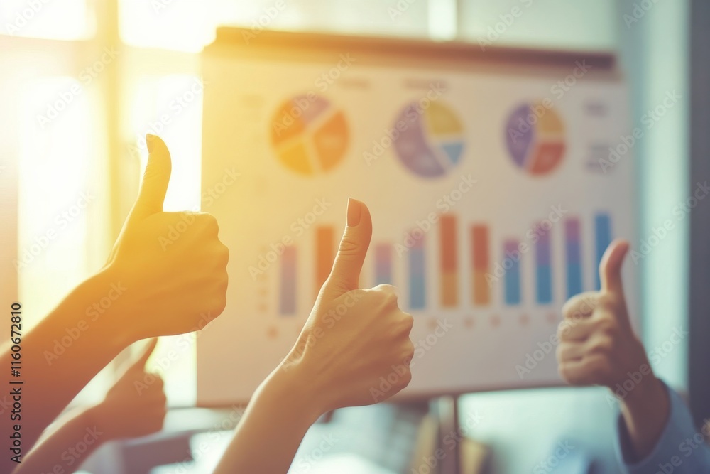 Poster group of hands showing thumbs up in front of a flipchart displaying survey results in a soft light m