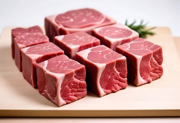 Fresh raw beef slices for goulash on wooden kitchen cutting board