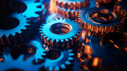 Pile of cogs and gears, close-up view. Mechanical industrial background with cogwheels.