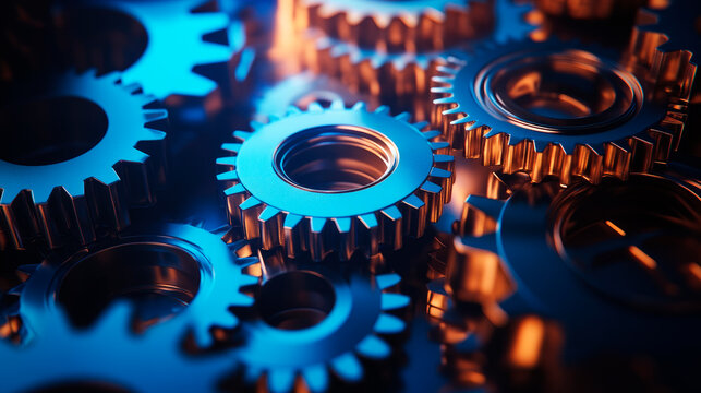 Pile of cogs and gears, close-up view. Mechanical industrial background with cogwheels.