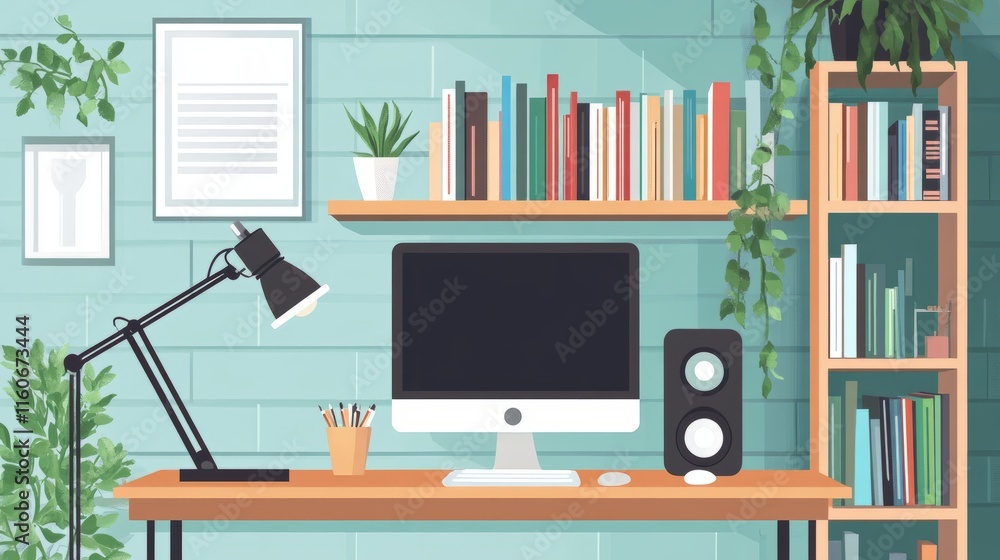 Poster a stylish radio podcast setup with a computer, a boom arm microphone, and a simple yet elegant books