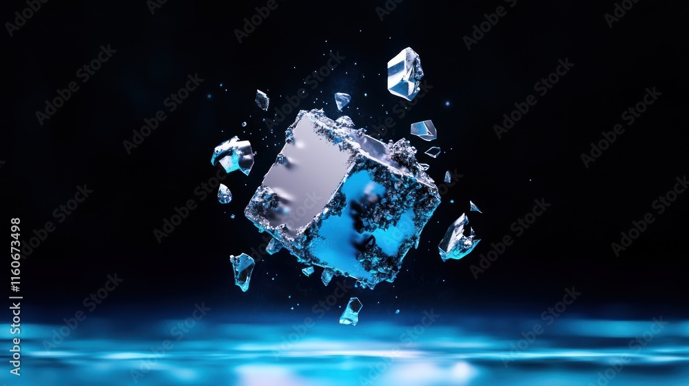 Poster a floating ice cube surrounded by splashes and reflections.