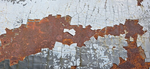 Peeling paint on an old grey iron plate.  Brown rust on surface car fender. Paint on grey car hood rusted. The paint on the steel surface has peeled off, causing brown rust to form over large area. 
